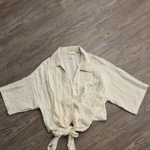 H&M Cream Button-Down Tie-Front Blouse